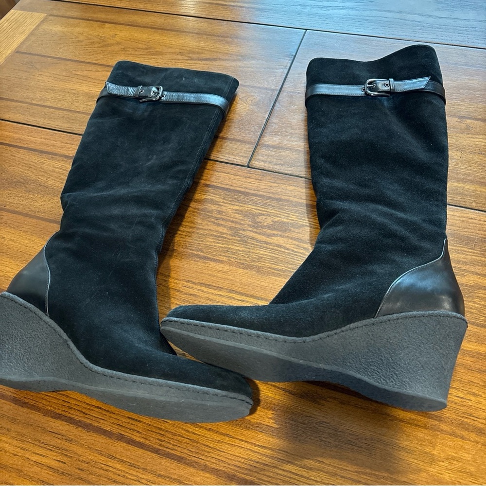 Aquatalia Knee High Black Suede Boots Faux Fur Lined EU 41 Fits Like US 9